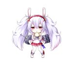  1girl animal_ears azur_lane chibi fake_animal_ears hairband highres holding jacket kuena laffey_(azur_lane) long_hair looking_at_viewer machinery parted_lips pleated_skirt red_eyes searchlight simple_background skirt solo thigh-highs torpedo_tubes turret white_background white_hair white_legwear zettai_ryouiki 