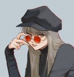  1girl bangs brown_eyes closed_mouth eyebrows_visible_through_hair grey_background grey_sweater hat huangdanlan long_hair long_sleeves looking_at_viewer original pink_lips red_glasses simple_background solo sweater upper_body 