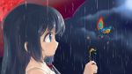  1girl abstract absurdres bangs black_hair blue_eyes blush closed_mouth clouds cloudy_sky colorful day eyebrows_visible_through_hair fairy from_side highres long_hair mianbaoshi_mengxiang original outdoors profile rain sky smile solo umbrella 
