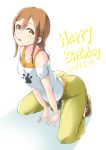  1girl absurdres arched_back ass blush brown_hair commentary_request dated hair_between_eyes happy_birthday highres kneeling kunikida_hanamaru long_hair looking_at_viewer love_live! love_live!_sunshine!! open_mouth paw_print sidelocks simple_background solo sweat sweating takuwanko white_background 