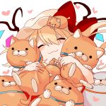  1girl :3 blonde_hair bow cat closed_eyes closed_mouth flandre_scarlet gotoh510 hair_between_eyes hat hat_bow heart hug long_hair mob_cap one_side_up red_bow smile solo touhou upper_body white_background wings 
