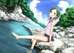  1girl arm_support bangs barefoot black_shorts blue_sky blush clouds day dutch_angle esoragoto eyebrows_visible_through_hair green_eyes green_hair head_tilt long_hair looking_at_viewer minobiyo open_mouth outdoors pink_shirt puffy_short_sleeves puffy_sleeves shirt short_shorts short_sleeves shorts sitting sky soaking_feet solo stream striped striped_shirt sweat tree water wet 