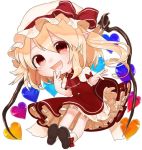  1girl ascot blonde_hair bow brown_footwear chibi commentary_request flandre_scarlet gotoh510 hair_between_eyes hat hat_bow heart long_hair looking_at_viewer miniskirt mob_cap one_side_up petticoat pointy_ears puffy_short_sleeves puffy_sleeves red_eyes red_skirt shoes short_sleeves simple_background skirt skirt_set smile socks solo touhou vest white_background white_hat white_legwear wings 