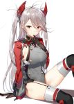  1girl absurdres ahoge arm_support armpit_cutout azur_lane black_gloves blush breasts finger_to_mouth garter_straps gloves grey_hair grey_jacket headgear highres iron_cross jacket large_breasts long_hair messy_hair orange_eyes orihi_chihiro prinz_eugen_(azur_lane) sideboob simple_background sitting solo thigh-highs twintails white_background 