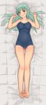  1girl :d aqua_eyes aqua_hair bangs bare_arms bare_legs bare_shoulders barefoot bed_sheet blue_swimsuit blush breasts closed_eyes collarbone competition_swimsuit covered_navel dakimakura eyebrows_visible_through_hair feet feet_together from_above full_body gluteal_fold hair_ornament hairclip head_tilt highres kantai_collection long_hair looking_at_viewer medium_breasts nail_polish one-piece_swimsuit open_mouth pink_nails smile soil_chopsticks soles solo suzuya_(kantai_collection) swimsuit toenail_polish toes w_arms 