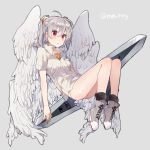  1girl angel angel_chromosome_xx black_legwear floating grey_background grey_hair ikeuchi_tanuma looking_at_viewer multiple_wings neon_genesis_evangelion no_pants panties red_eyes seraph shirt shoes simple_background sneakers socks tabris tabris-xx twintails twitter_username underwear wings 