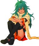  1girl ao_shatsu black_footwear boots commentary_request crossed_arms dark_skin emerada_(xenogears) green_hair highres legs_crossed long_hair looking_at_viewer no_pupils orange_eyes scarf shirt shorts simple_background sitting smile solo thigh-highs thigh_boots torn_clothes torn_shirt wavy_hair xenogears 