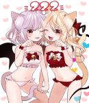  2girls animal_ears bat_wings bell between_legs blonde_hair bow cat_ears cat_tail contrapposto fang flandre_scarlet gotoh510 hair_bow hand_holding interlocked_fingers jingle_bell kemonomimi_mode lavender_hair multiple_girls navel one_eye_closed open_mouth panties paw_pose pink_panties pointy_ears red_bow red_eyes red_panties remilia_scarlet siblings sisters smile stomach tail tail_between_legs touhou underwear underwear_only wings wrist_cuffs 