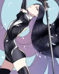  androgynous ass ban black_eyes black_gloves black_hair black_legwear bodysuit bort elbow_gloves flat_chest gloves highres holding holding_sword holding_weapon houseki_no_kuni leaning_back long_hair looking_at_viewer parted_lips sword thigh-highs very_long_hair weapon 