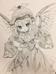  1girl :t =3 animal_ears bird_wings blush dress frills gotoh510 greyscale hair_between_eyes hands_on_hips hat highres leaning_forward long_sleeves looking_at_viewer monochrome mystia_lorelei neck_ribbon pout ribbon simple_background solo touhou traditional_media wide_sleeves wings 