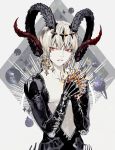  1boy bangs claws diadem earrings eyebrows_visible_through_hair goat_horns grey_background hair_between_eyes hands_together horns interlocked_fingers jewelry looking_at_viewer male_focus monster_boy oollnoxlloo original parted_lips planet red_eyes solo star upper_body white_hair 