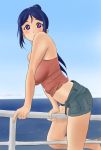  10s 1girl bare_shoulders blue_hair blush breasts highres large_breasts looking_at_viewer love_live! love_live!_sunshine!! matsuura_kanan midriff navel ocean parted_lips ponytail railing shirow_(mha03133) short_shorts shorts solo straddling unbuttoned violet_eyes 