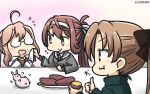  3girls :d ahoge akigumo_(kantai_collection) asagumo_(kantai_collection) blue_neckwear brown_eyes brown_hair commentary_request dated flying_sweatdrops food glasses hamu_koutarou highres holding holding_food kantai_collection long_hair long_sleeves makigumo_(kantai_collection) multiple_girls necktie open_mouth pink_hair ponytail shirt sleeves_past_wrists smile sweet_potato white_shirt 