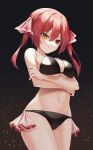  1girl arms_under_breasts bangs bare_shoulders bikini black_bikini breasts commentary cowboy_shot eyebrows_visible_through_hair hair_between_eyes hair_ribbon highres hololive houshou_marine large_breasts long_hair mame_(hyeon5117) navel red_eyes red_ribbon redhead ribbon solo standing stomach swimsuit twintails virtual_youtuber yellow_eyes 