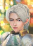  1girl blue_eyes blurry blurry_background braid breastplate chris_lightfellow close-up closed_mouth depth_of_field earrings eyebrows fateline_alpha gensou_suikoden gensou_suikoden_iii gorget highres jewelry long_hair looking_at_viewer pink_lips plate_armor ponytail silver_hair solo spaulders 