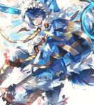  1boy :d blue_eyes blue_hair fur_trim hood last_period looking_at_viewer open_mouth smile solo staff standing tsugutoku 