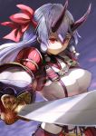  1girl absurdres armor breasts closed_mouth fate/grand_order fate_(series) hair_between_eyes hair_ribbon headband highres holding holding_sword holding_weapon japanese_armor japanese_clothes katana large_breasts long_hair looking_at_viewer oni_horns red_eyes ribbon silver_hair solo srsojiro sword tomoe_gozen_(fate/grand_order) upper_body weapon 