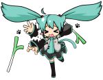  &gt;_&lt; 1girl akino_coto animal_ears aqua_hair cat_ears chibi closed_eyes detached_sleeves fang hatsune_miku headset long_hair motion_blur necktie open_mouth paw_print simple_background solo spring_onion twintails vocaloid 