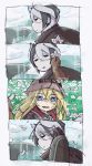  2girls 4koma black_cape black_eyes black_hair blue_eyes cape closed_mouth comic commentary_request eyebrows_visible_through_hair field flower flower_field hair_flower hair_ornament height_difference helmet highres jitome looking_at_viewer lyza made_in_abyss mi_(pic52pic) multicolored_hair multiple_girls outdoors ozen parted_lips sad short_hair smile two-tone_hair whistle white_hair 