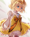  1girl blonde_hair blue_eyes dress frilled_dress frills hair_ornament highres jewelry last_period long_sleeves looking_to_the_side medium_hair necklace poncho_(31103105) puffy_long_sleeves puffy_sleeves solo standing yellow_dress 