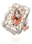  1girl barcode basket brown_eyes brown_footwear brown_hair child commentary doll english jacket long_sleeves looking_at_viewer lying mannequin off_shoulder on_back orange_legwear original shirt shoes shorts simple_background socks solo white_background zicai_tang 