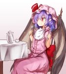  1girl baram bat_wings bib blue_hair chair closed_mouth commentary_request cup fork glint gradient gradient_background hat hat_ribbon holding mob_cap pink_hat pink_skirt pointy_ears red_eyes red_ribbon remilia_scarlet ribbon sitting sketch skirt skirt_set smile solo spoon table teacup teapot touhou white_background wings 