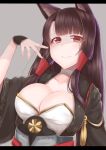  1girl akagi_(azur_lane) animal_ears azur_lane bangs black_hair blunt_bangs breasts cleavage eyeshadow fox_ears fox_tail highres japanese_clothes kitajima_yuuki large_breasts long_hair looking_at_viewer makeup parted_lips red_eyes smile solo tail upper_body 