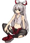  1girl bare_arms black_legwear bow closed_mouth crop_top fujiwara_no_mokou full_body grey_hair hair_bow highres indian_style long_hair looking_at_viewer midriff navel nobori_ranzu pantyhose ponytail red_eyes red_footwear red_shorts shoes short_shorts shorts simple_background sitting sleeveless smile solo torn_clothes torn_pantyhose touhou very_long_hair white_background wing_collar 