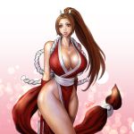  1girl bare_shoulders blush breasts brown_eyes brown_hair cleavage collarbone cowboy_shot high_ponytail japanese_clothes large_breasts looking_at_viewer parted_lips pelvic_curtain pink_devil ponytail revealing_clothes rope shiranui_mai smile the_king_of_fighters thick_thighs thighs 