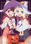  &gt;:d &gt;;d 2girls :d ;d absurdres bangs black_dress blonde_hair blue_eyes blush blush_stickers border brown_eyes brown_hair capelet commentary_request diana_cavendish dress halloween halloween_costume hat highres jack-o&#039;-lantern kagari_atsuko little_witch_academia long_hair looking_at_viewer multiple_girls one_eye_closed open_mouth outstretched_arms pink_dress round_teeth short_hair smile standing tama tareme teeth wavy_hair white_hat witch witch_hat younger 