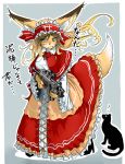  ! 1girl :3 absurdres animal_ears assault_rifle black_cat black_footwear blonde_hair blue_background blue_eyes blush cat closed_mouth commentary_request doitsuken dress fang fang_out fox_ears fox_girl fox_tail frilled_skirt frills furry gun headdress high_heels highres holding holding_gun holding_weapon long_sleeves looking_at_viewer mouth_hold original outline red_dress rifle scope shirt shoes simple_background skirt slit_pupils solo standing submachine_gun tail translation_request trigger_discipline weapon weapon_request whiskers white_outline white_shirt 