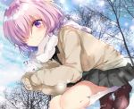  1girl black_skirt blush closed_mouth fate/grand_order fate_(series) hair_over_one_eye long_sleeves looking_at_viewer pink_eyes pink_hair ponika scarf shielder_(fate/grand_order) skirt smile snow socks solo squatting white_scarf 