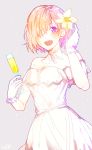  :d breasts choker cleavage collarbone cup dress drinking_glass fate/grand_order fate_(series) flower gloves grey_background hair_flower hair_ornament hair_over_one_eye holding holding_drinking_glass medium_breasts multiple_girls open_mouth orange_hair ribbon ribbon_choker shielder_(fate/grand_order) short_hair simple_background sleeveless sleeveless_dress smile solo violet_eyes white_dress white_flower white_gloves white_ribbon 