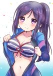  1girl bikini blue_hair blush breasts cleavage large_breasts looking_at_viewer love_live! love_live!_sunshine!! matsuura_kanan mikurun navel open_clothes open_wetsuit ponytail purple_hair sidelocks smile solo striped striped_bikini swimsuit violet_eyes wet wetsuit 