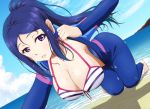  1girl all_fours barefoot beach breasts cleavage foreshortening hanging_breasts highres large_breasts love_live! love_live!_sunshine!! matsuura_kanan ocean open_wetsuit parted_lips ponytail solo unzipped violet_eyes wara_t-shirt wetsuit 