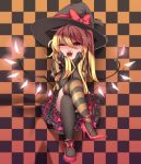  1girl alternate_costume black_gloves black_hat black_legwear black_skirt blonde_hair bow checkered checkered_background chin_rest commentary_request elbow_gloves fangs flandre_scarlet frilled_skirt frills full_body gloves hair_between_eyes halloween_costume hat hat_bow high_heels legs_crossed long_hair looking_at_viewer mismatched_legwear open_mouth red_bow red_eyes red_footwear red_skirt shamo_(koumakantv) shoes side_ponytail sitting skirt smile solo striped striped_legwear thigh-highs touhou wings witch_hat 