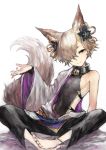  1boy animal_ears backless_outfit barefoot brown_eyes collar elbow_gloves erun_(granblue_fantasy) fox_ears fox_tail gloves granblue_fantasy hair_ornament highres kou_(granblue_fantasy) legs_crossed long_hair male_focus nail_polish off_shoulder smile tail 