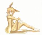  1girl :o animal_ears blonde_hair blue_eyes commentary jolteon looking_at_viewer metal_(xmetalx) moemon no_shoes open_mouth pants pokemon shirt simple_background sitting white_background yellow_pants yellow_shirt 