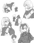  &gt;_&lt; 1boy 2girls ? ahoge anger_vein chibi cloak command_spell dual_persona fate/apocrypha fate/grand_order fate_(series) fujimaru_ritsuka_(male) gauntlets greyscale headpiece highres holding holding_sword holding_weapon injury jeanne_alter long_hair long_sleeves looking_at_viewer monochrome multiple_girls ruler_(fate/apocrypha) short_hair sketch sweat sword the_iizumi weapon white_background 