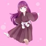  1girl bleach frown japanese_clothes kimono long_hair looking_at_viewer nemuri_hachigou purple_background purple_hair ronisuke shinigami signature solo violet_eyes 
