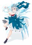  1girl bad_perspective blue_eyes blue_hair blush boots bow cirno clenched_teeth cocked_eyebrow commentary danmaku dress energy full_body gotoh510 hair_bow highres ice ice_wings messy_hair scarf short_hair solo teeth touhou white_background wind wings 