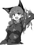 1girl animal_ears bangs blunt_bangs bow breasts cat_ears dress extra_ears greyscale hair_bow hand_up juliet_sleeves kaenbyou_rin kamukamu_(ars) long_hair long_sleeves looking_at_viewer medium_breasts monochrome open_mouth puffy_sleeves simple_background solo touhou upper_body white_background 