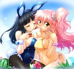    2girls animal_ears aqua_nails arched_back bangs bare_shoulders bendy_straw bikini black_hair black_legwear blue_hairband blue_leotard blue_sky blunt_bangs blush bracelet breast_press breasts bunny_tail bunnysuit cleavage closed_eyes collarbone cowboy_shot day drink drinking_straw erect_nipples eyebrows_visible_through_hair eyelashes eyes_visible_through_hair facing_another fake_animal_ears fake_tail fingernails floating_hair flower food frilled_leotard frills fruit groin hair_between_eyes hairband hand_holding hibiscus index_finger_raised interlocked_fingers jewelry leotard licking lime_(fruit) lime_slice long_fingernails long_hair looking_away looking_to_the_side melting midriff multicolored multicolored_bikini multicolored_clothes multiple_girls nail_polish navel one_side_up open_mouth original outdoors pantyhose pineapple pink_bikini pink_hair popsicle rabbit_ears ranbu_hararin scrunchie sexually_suggestive shared_food side-tie_bikini sidelocks sitting sky stomach strap_pull striped striped_bikini suggestive_fluid swimsuit symmetrical_docking tail tareme thick_eyebrows tongue tongue_out two-tone_bikini water watermelon wet wrist_cuffs wrist_scrunchie yellow_bikini yellow_eyes 