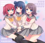  3girls :d :o aqua_eyes bangs black_legwear blue_eyes blush bow character_name commentary_request copyright_name english hair_between_eyes hair_bun highres kneehighs kurosawa_ruby love_live! love_live!_sunshine!! mikurun multiple_girls open_mouth pleated_skirt red_bow redhead school_uniform serafuku skirt smile thigh-highs tsushima_yoshiko two_side_up violet_eyes watanabe_you yellow_bow zettai_ryouiki 