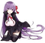  1girl absurdly_long_hair bb_(fate/extra_ccc) black_cape black_legwear black_skirt breasts cape eyebrows_visible_through_hair fate/extra fate/extra_ccc fate_(series) gloves hair_between_eyes hair_ribbon highres kneeling large_breasts long_hair miniskirt neck_ribbon open_mouth pleated_skirt purple_hair red_neckwear red_ribbon ribbon shirt simple_background skirt solo takae_(poupee_en_biscuit) thigh-highs very_long_hair violet_eyes white_background white_gloves white_shirt 