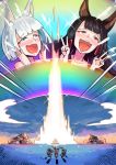  5girls :d ahegao akagi_(azur_lane) animal_ears architecture ayanami_(azur_lane) azur_lane black_hair blue_eyes blush building chibi collarbone comic double_v drooling east_asian_architecture explosion eyeshadow fake_animal_ears fox_ears highres holding horizon javelin_(azur_lane) kaga_(azur_lane) laffey_(azur_lane) laughing long_hair machinery makeup multiple_girls ocean open_mouth phandit_thirathon polearm ponytail red_eyes short_hair silent_comic smile sparkle twintails v watermark weapon web_address white_hair 