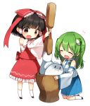  2girls bangs black_hair blue_skirt blunt_bangs bow chibi closed_eyes detached_sleeves food frog_hair_ornament green_hair hair_bow hair_ornament hair_tubes hakurei_reimu holding kneeling kochiya_sanae miniskirt mochi mochi_(touhou) multiple_girls red_bow red_eyes red_skirt ribbon-trimmed_sleeves ribbon_trim sarashi shaded_face shinoba simple_background skirt skirt_set smile snake_hair_ornament socks tears touhou vest wagashi white_background white_legwear wide_sleeves 