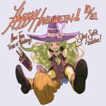  1girl ahoge blush boots broom cape circlet english fire_emblem fire_emblem:_kakusei fire_emblem_heroes gloves green_hair halloween hat krazehkai long_hair looking_at_viewer mamkute nowi_(fire_emblem) open_mouth pointy_ears smile solo violet_eyes white_background witch witch_hat 
