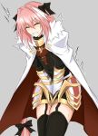  1boy black_bow bow braid cape clenched_teeth closed_eyes commentary_request fang fate/apocrypha fate/grand_order fate_(series) garter_straps hair_bow male_focus pink_hair piro_(iiiiiiiiii) rider_of_black solo tears teeth thigh-highs trap white_cape 