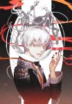  1boy bangs black_jacket death_(entity) fangs grimace jacket long_sleeves looking_at_viewer male_focus no_shirt oollnoxlloo open_clothes open_jacket original parted_lips scythe signature skeleton white_hair wings 